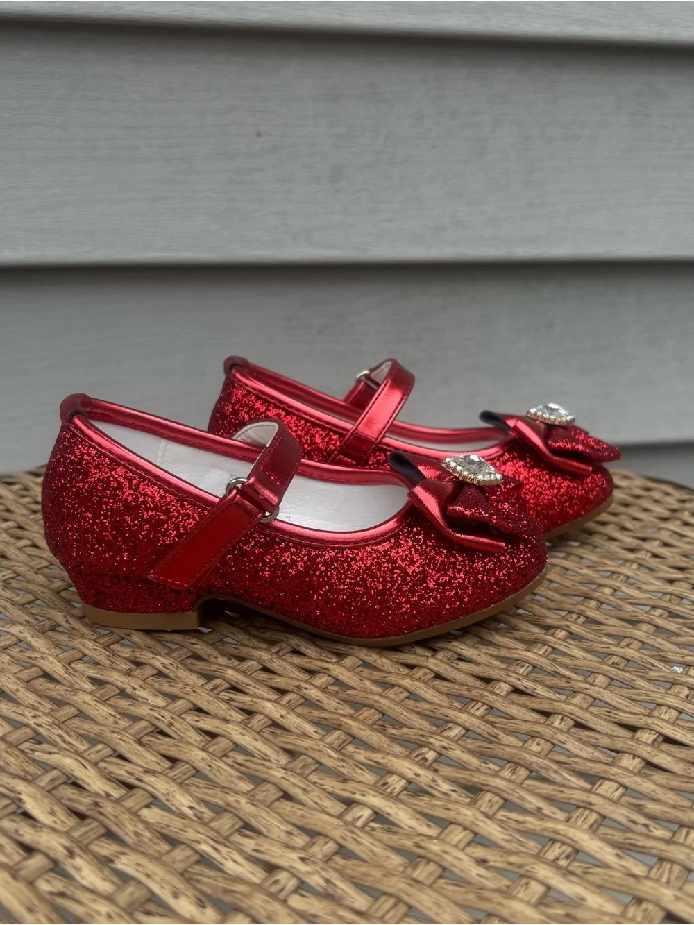 Furdeour Red Glitter Mary Jane Dress Shoes Bow Rhinestone Toddler/Little Girl 7